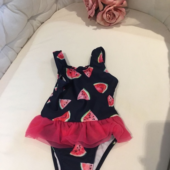 Snapper Rock Baby Girl Swimsuit Blue With Pink Watermelon Size 6-12 Months - Picture 2 of 5